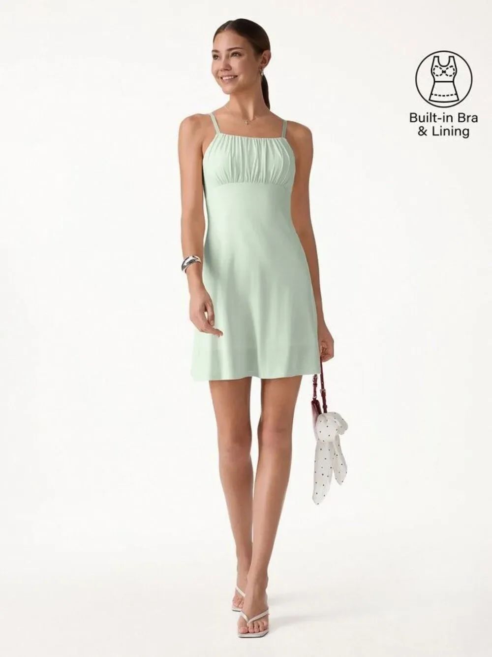 OGL Matte Smooth Square Neck Ruched Spaghetti Mini Bra Dress Ambrosia Green M